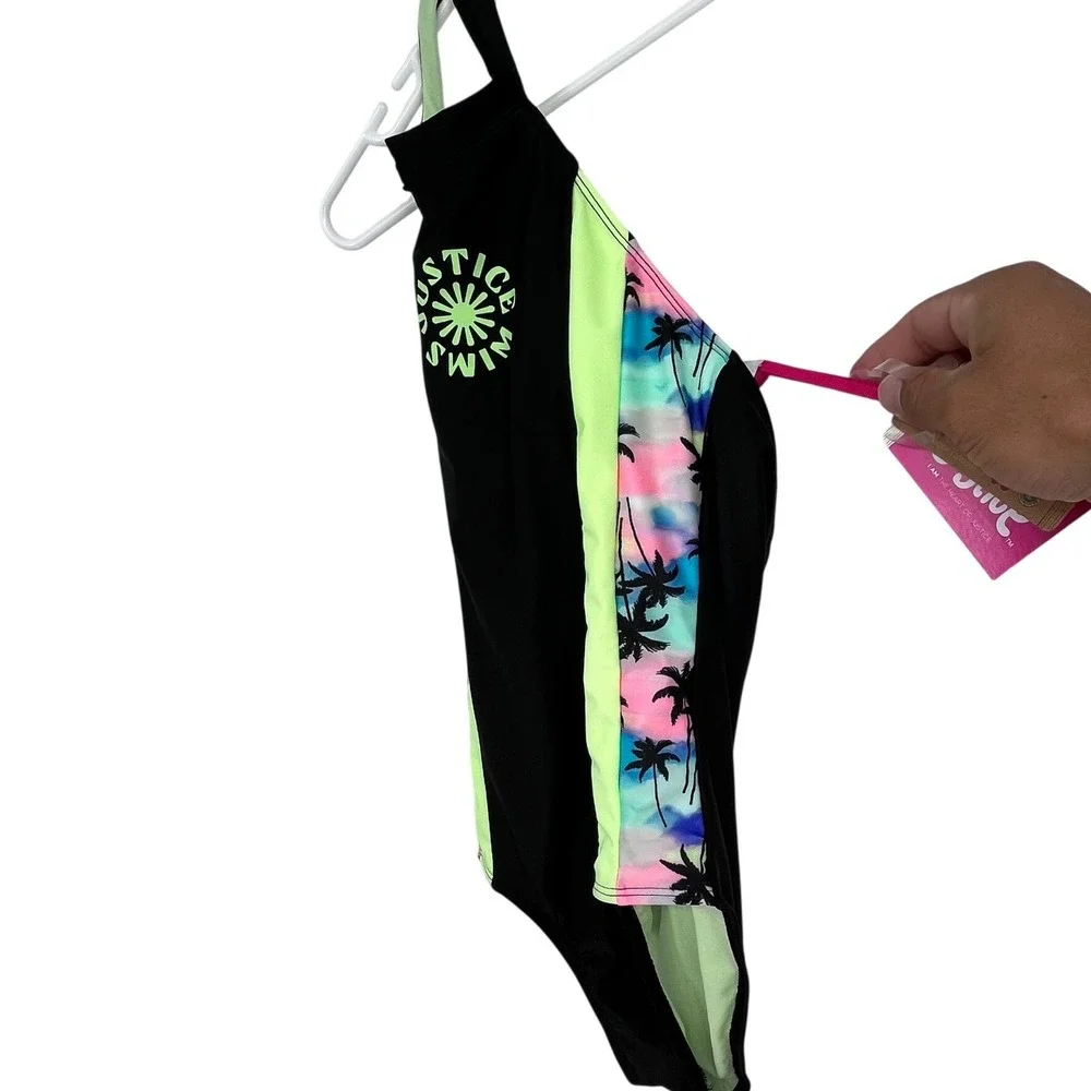 Justice Palm Tree One Piece Swimsuit Girls Size 10 Black Neon Green High Neck